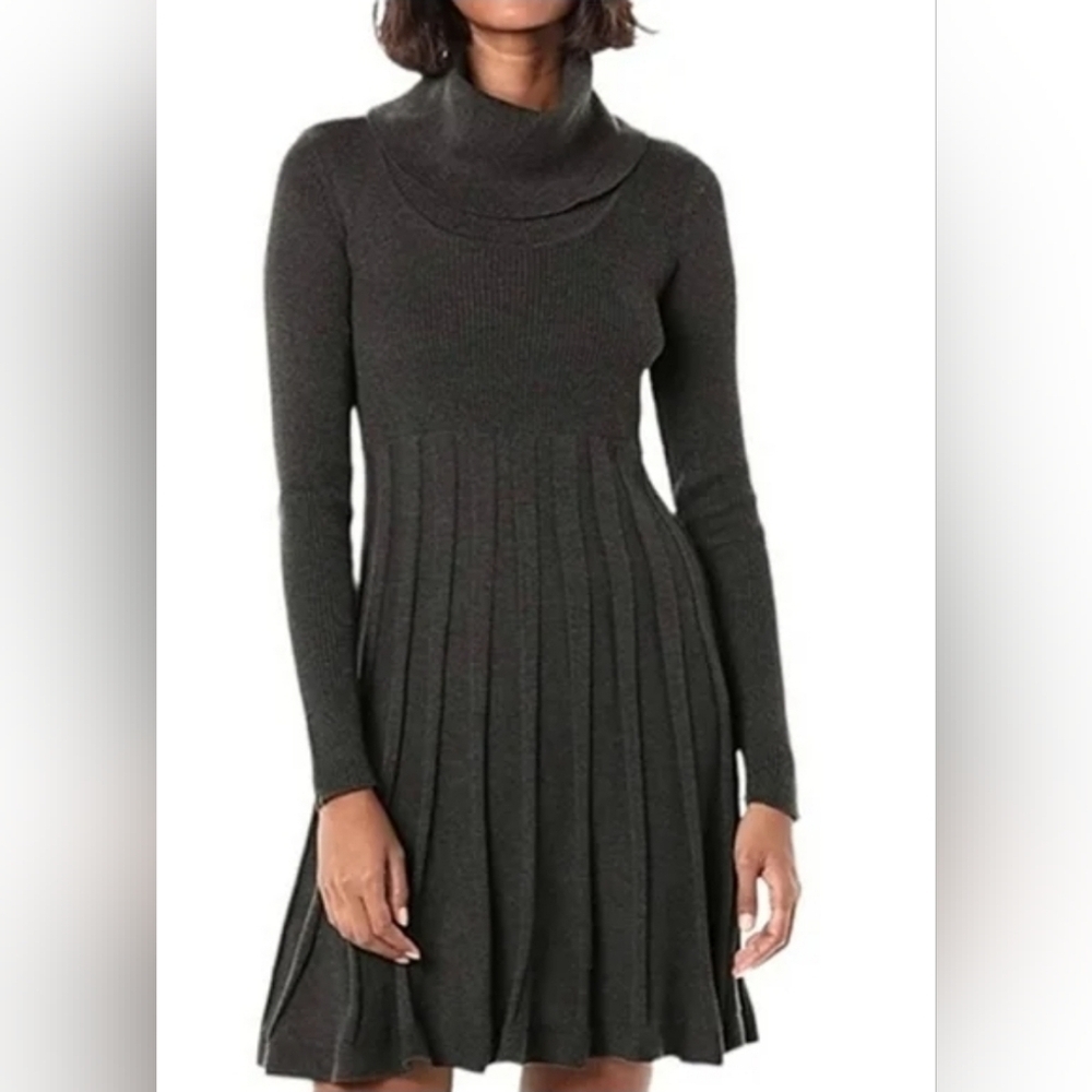 Calvin Klein Tan Cowl Neck Long Sleeve Pleated Sweater Dress - Picture 8 of 8